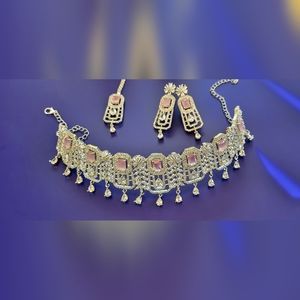 White pink American diamond choker earing forehead accessory (Zainab Collection)
